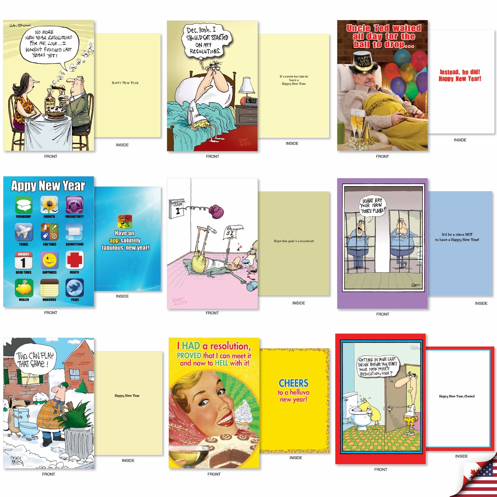 36 Assorted Set Hysterical New Year Greeting Cards - New Year Laughs - Funny Illustrations with Various Characters and Themes