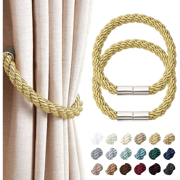 2 Pack Strong Magnetic Curtain Tiebacks Modern Simple Style Drape Tie Backs Convenient Decorative Weave Rope Curtain Holdbacks for Thin or Thick Home & Office Window Draperies (Gold)