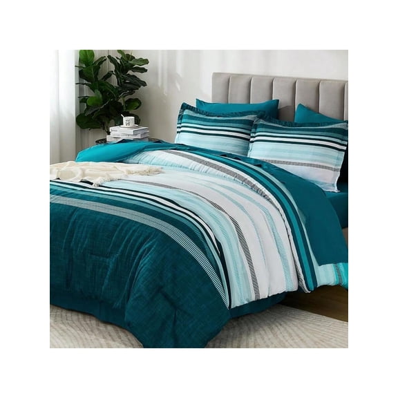 Teal King Size Comforter Set 7 Pieces Blue Boho Striped Bed In A Bag Soft Microfiber All Season Bedding Set With Comforter Sheets Pillowcases Shams