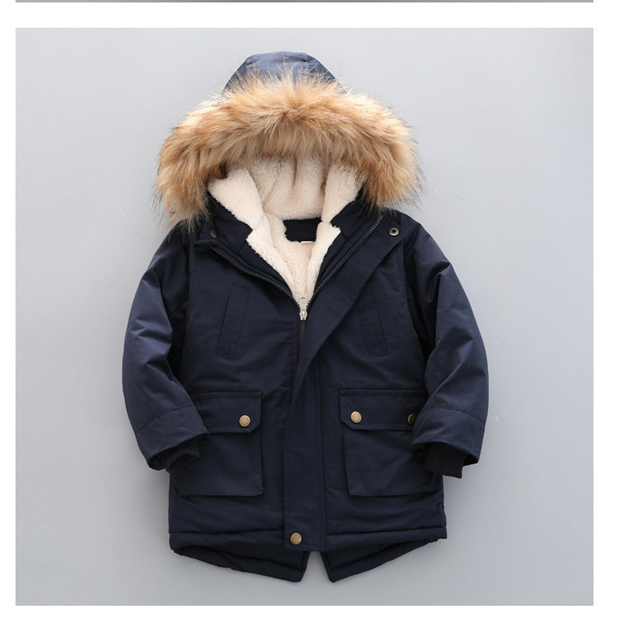 Bamaia Boys Winter Coats Down Jacket Hooded Snowsuit Parka Windproof Overcoat Outerwear Jacket With Fur Hood plush Padded Coat 120cm Navy Blue Other