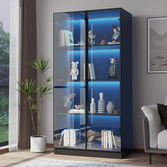 Display Cabinet with LED Lights, Glass Display Case Cabinet with 4-Tier Shelves, Curio Cabinet with 2 Glass Doors, Storage Cabinet for Collectibles, Living Room