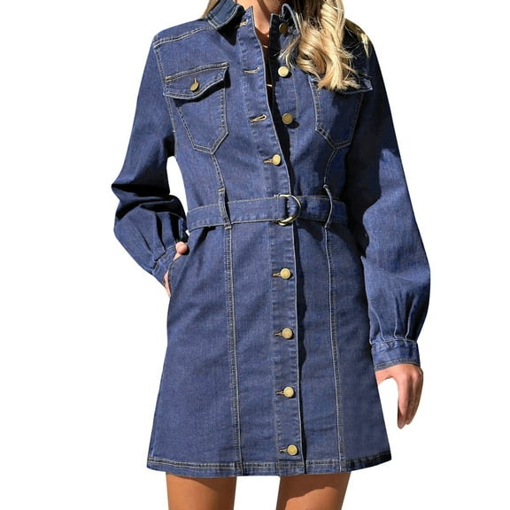 WENWU Women Fashion Casual Buttoned Cardigan with Belt Long Sleeve Denim Dress Midi Dresses Summer Long Casual Dresses for Women