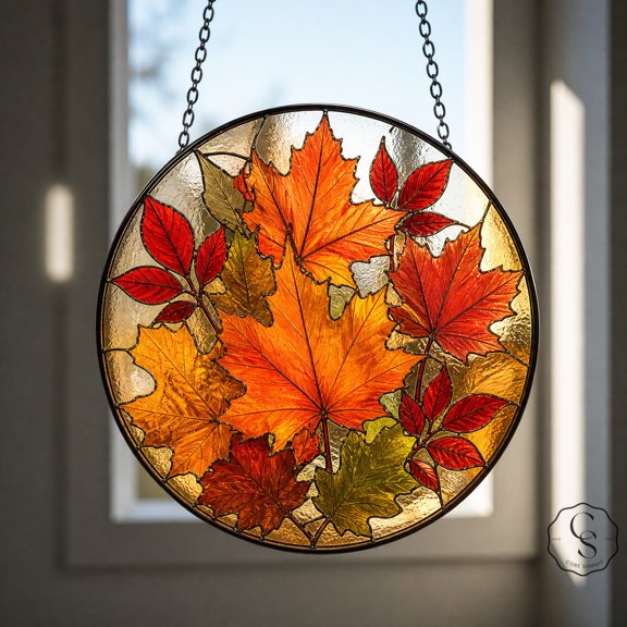 Glass Window Hanging Autumn Maple Leaves Glass Sun Catcher for Seasonal Window Decor