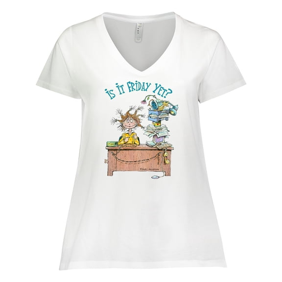 Inktastic Is It Friday Yet with Frazzled Woman at Desk Women's Plus Size V-Neck T-Shirt