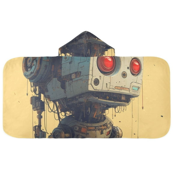 Retro Robot Hooded Beach Towel Kids Bath Towels Quick Dry for Pool Swiming 50" x 23.5" Microfiber Soft Bathrobe