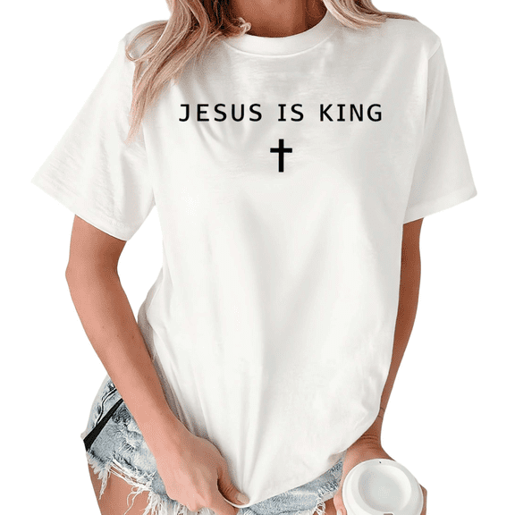 Giffimy Women's "Jesus Is King" Minimalist Cross Christian Graphic White Short Sleeve T-Shirt Casual Crewneck Top