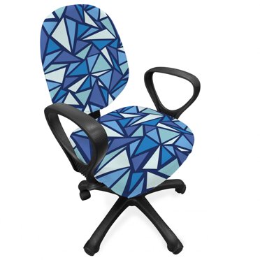 Blue Office Chair Slipcover, Abstract Geometrical Pattern with Triangles in Various Blue Tones Frost Ice Refraction, Stretch Decorative Fabric Cover, Standard Size, Blue White, by Ambesonne