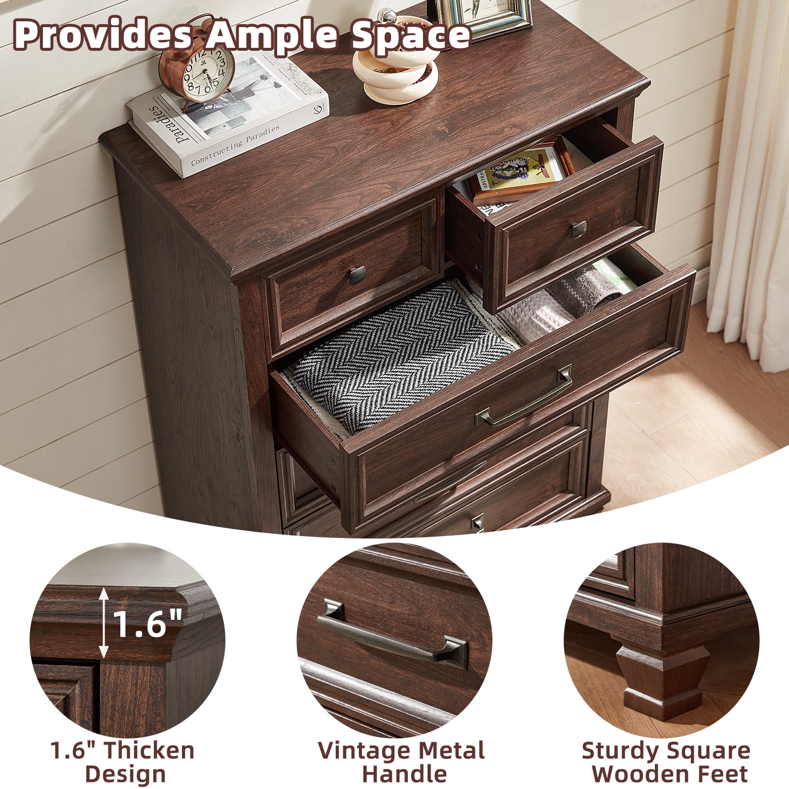 Vertical Dresser for Bedroom, LELELINKY 6 Drawer Dresser with Metal Handle, Chest of Drawers for Living Room, Walnut