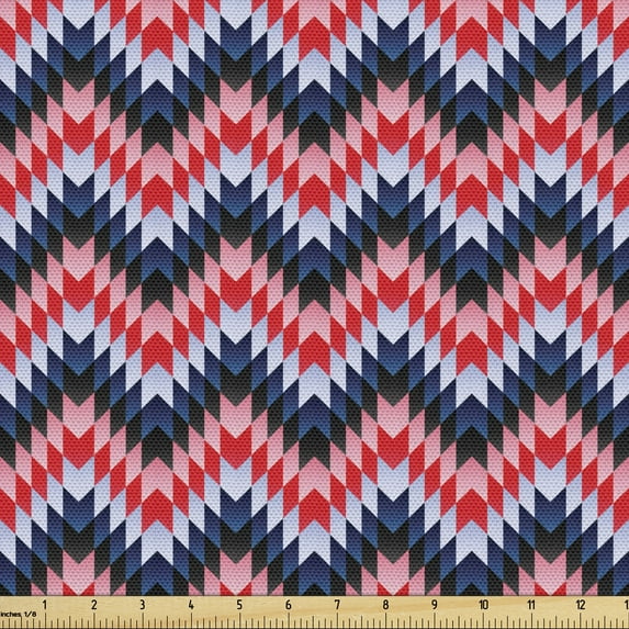 Tribal Fabric by the Yard, Cultural Chevron Aztec Pattern with Waving Geometric Zigzags Folk Design, Upholstery Fabric for Dining Chairs Home Decor Accents, Red Coral Dark Blue by Ambesonne