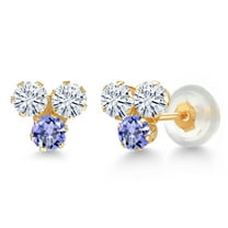 Gem Stone King 14K Yellow Gold White Moissanite and Blue Tanzanite Three Stone Stud Earrings for Women (0.70 Cttw, Gemstone, Round 3MM)