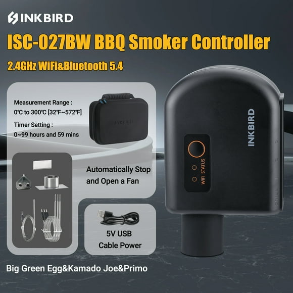 BBQ Temperature Controller ISC-027BW Smoker Fan,Charcoal Grill Smoking Wi-Fi & Bluetooth BBQ Meat Thermometer, Automatic Smoker Fan, 4 Probes for Big Green Egg, Kamado Joe, Primo, Akorn Kamado