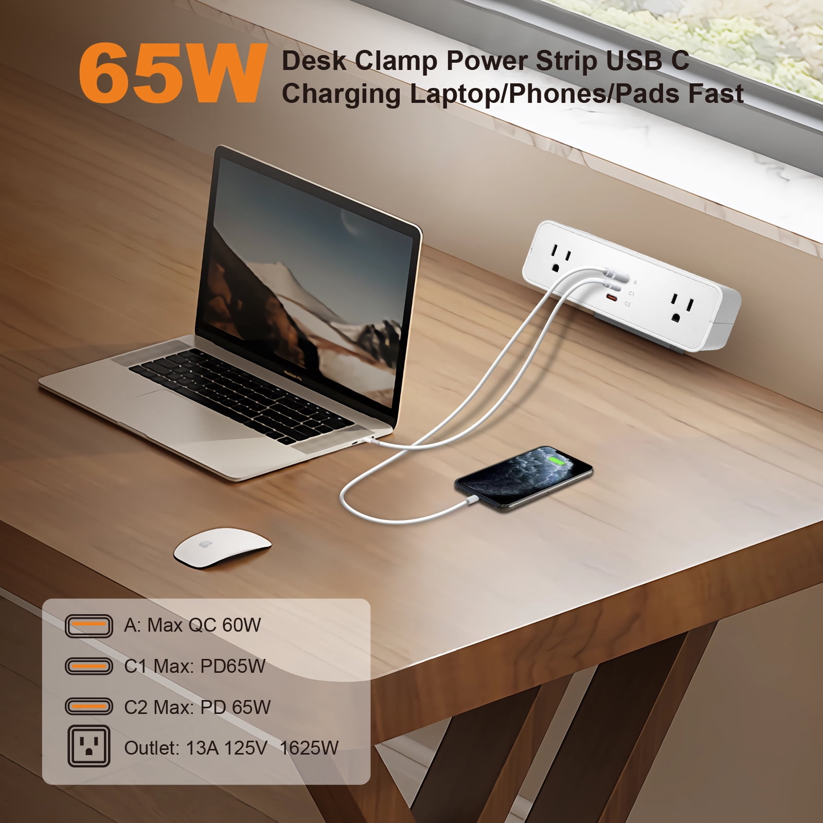 Desk Clamp Power Strip USB C 65W, Desktop Edge Mount Fast Charge Station 3 PD USB Port 2 AC Outlets 6ft Braided Extension Cord Flat Plug Fit Max 3.26’’ Tabletop Edge for Gaming Office Table