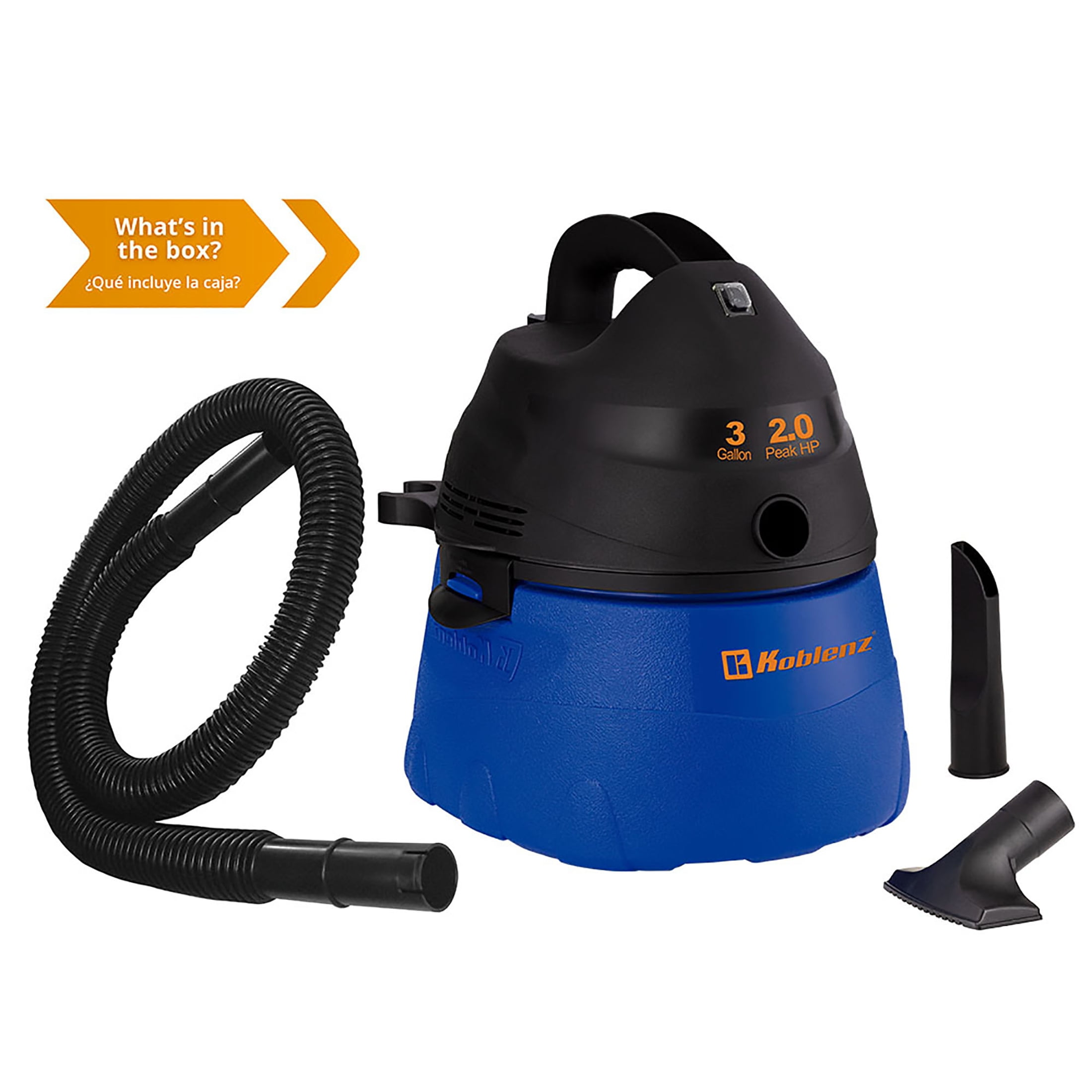 KOBLENZ Wet Dry Blow Vacuum 3-Gallon, 2 Peak HP 1-1/4 In x 6 Ft Locking Hose, 3 in 1 portable shop vac with 5 Year Warranty (WD-353L)