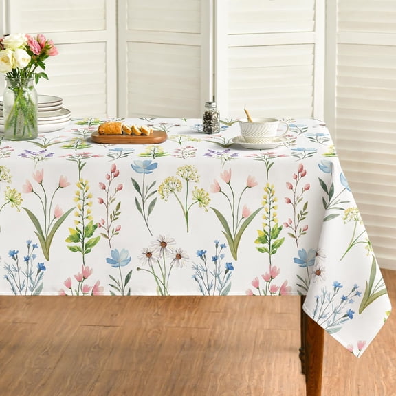 Spring Tablecloth 60×84 Inch Rectangular, Wildflowers Floral Herbs Elegant Washable Table Cover for Party Picnic Dinner Decor
