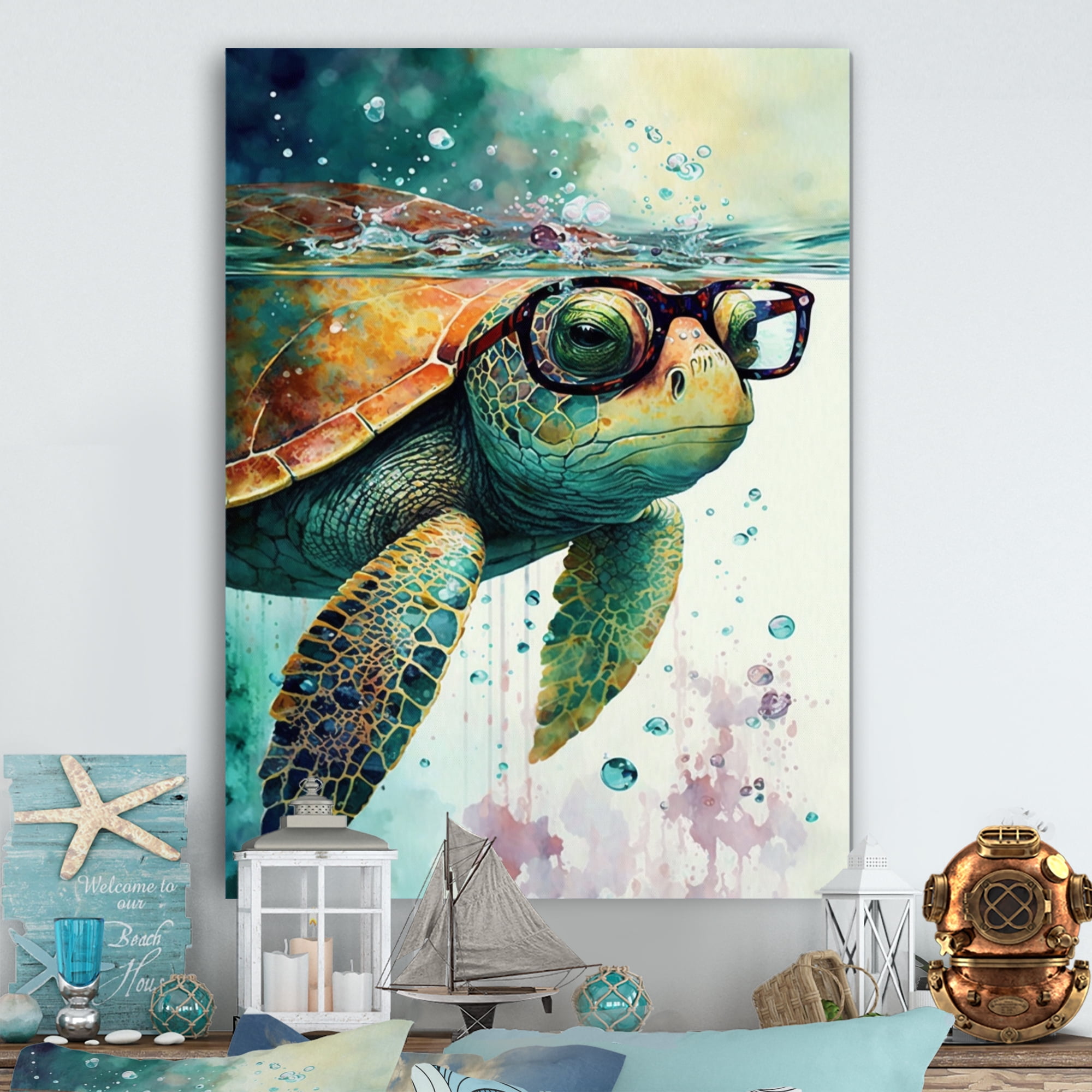 Designart Turtle With Glasses In The Ocean II Canvas Wall Art