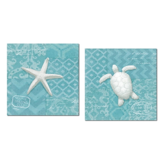 Teal and Gray Turtle and Starfish Adult Coastal Decor; 2 - 12" x 12" Unframed Posters