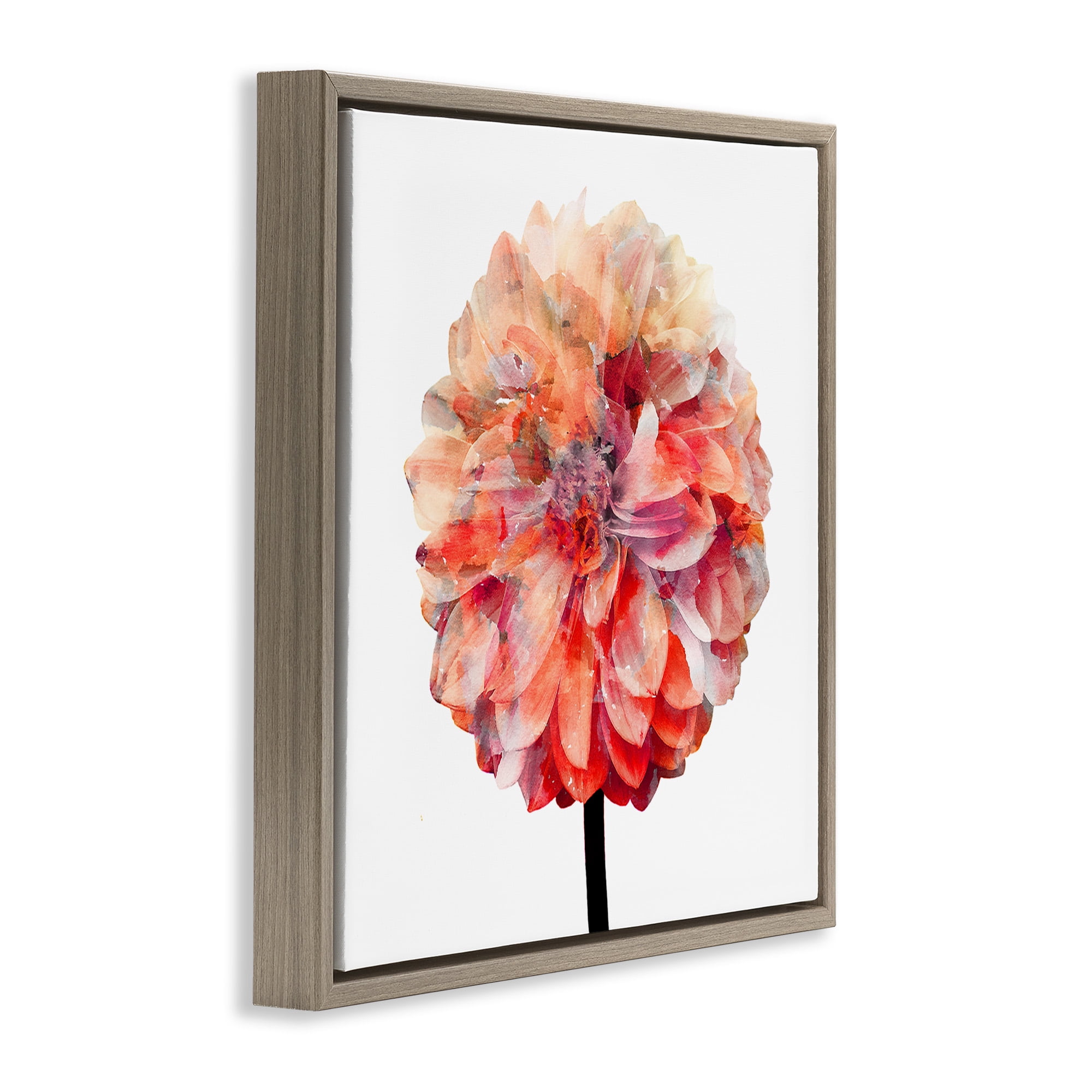 Stupell Industries Bright Coral Watercolor Bloom Botanical & Floral Painting Brown Floater Framed Canvas Art Print Wall Art, 18 x 18
