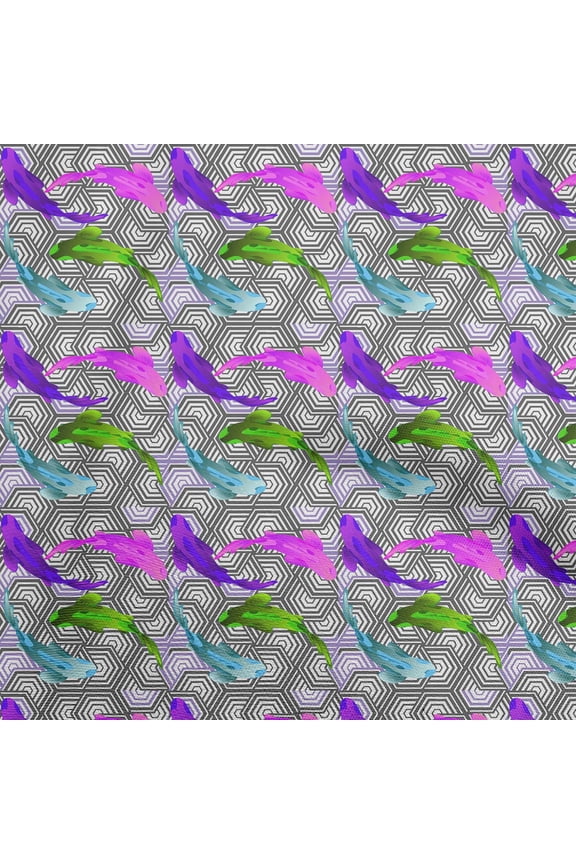 RayonPurpleFabricAsianJapaneseKoiFishWithGeometricTextureSewingCraftProjectsFabricPrintsByYard56InchWide