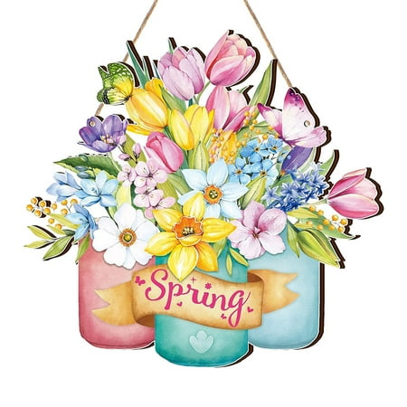 

RSKK Spring Flowers Color Printed Welcome Sign Door Plates Colorful Flowers Spring Hanging Decorative Signs Wooden Spring Welcome Panels Are to Decorate The Porch Entrance