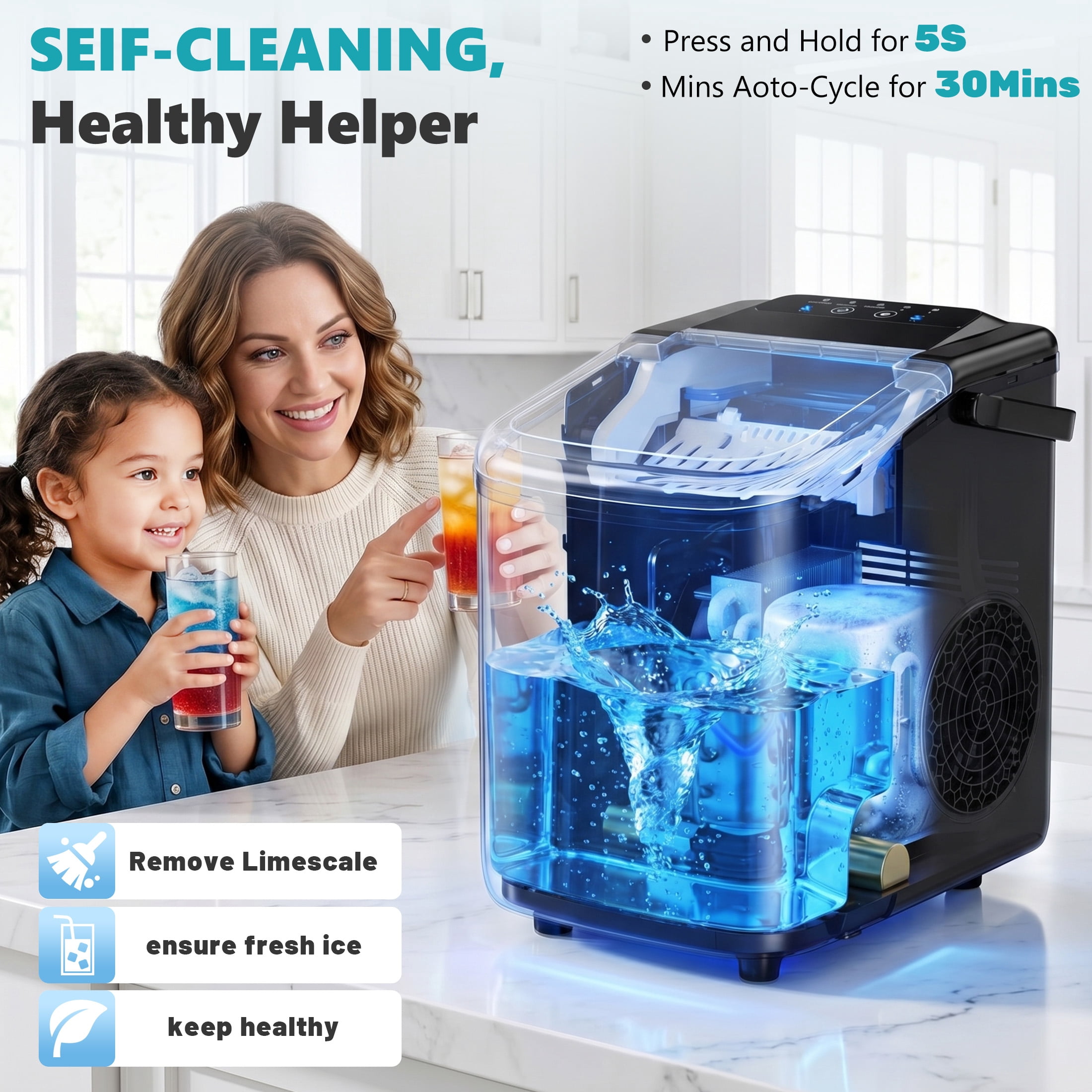 edx Ice Maker, Self-Cleaning Countertop Ice Maker, with Handle & Ice Scoop, 9 Bullet Cubes in 6~8 Mins, 26lbs Daily, Black
