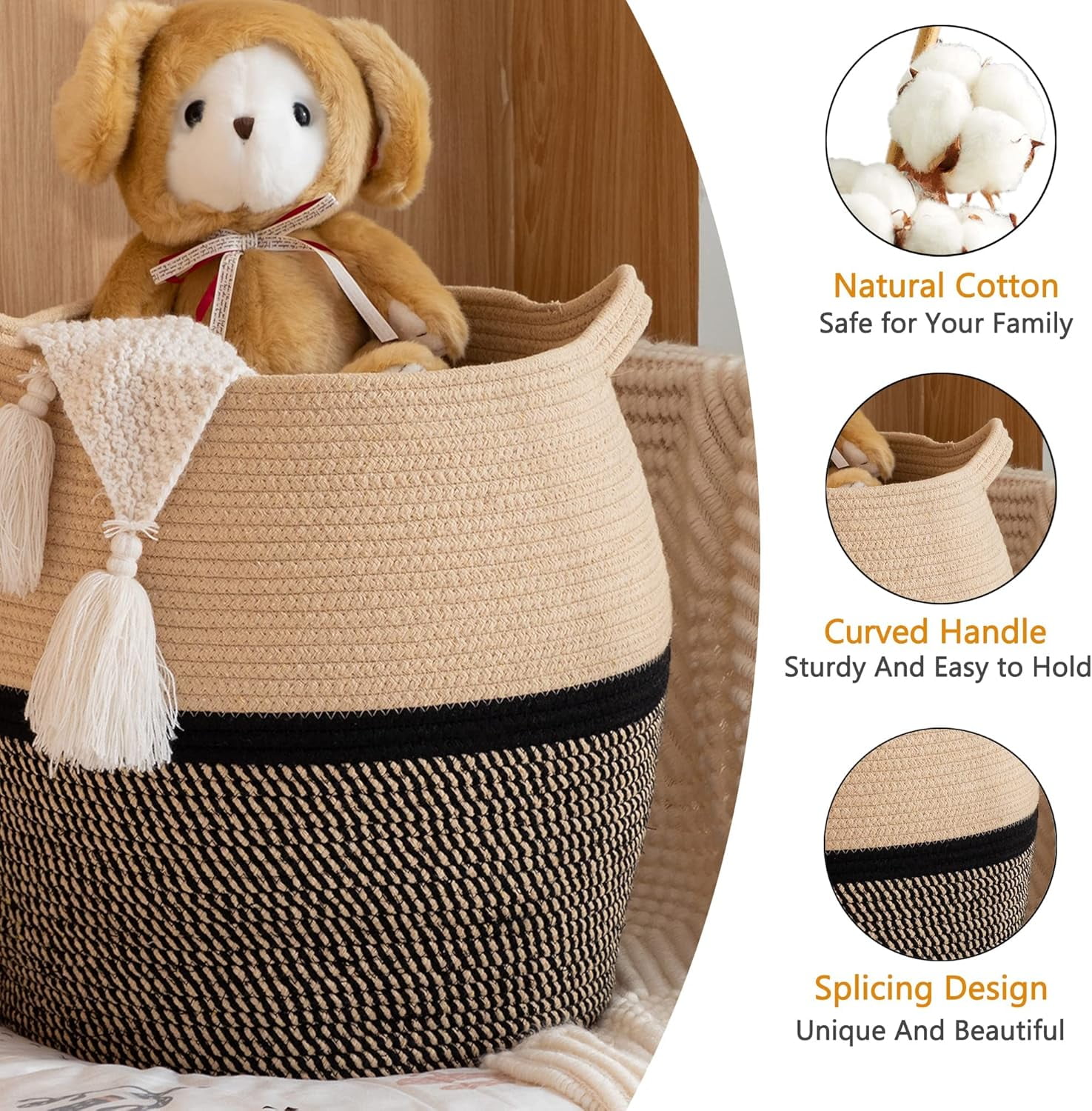 BTEPSGA Woven Baskets for Storage(17"x17"),Large Cotton Rope Basket Woven Baby Laundry Hamper,Collapsible Laundry Basket, Blanket Basket for Organizing Living Room,Nursery,Pillows,Toy Chest
