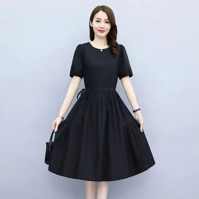 Femmes Manches Courtes Robe Élégante Col Rond Pull-Up une-Ligne Jupe Décontractée Couleur Unie Robe en Vrac