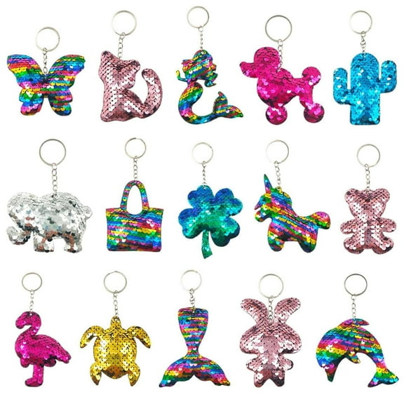 GuassLee 15Pcs Flip Sequin Keychain for Kids Girls Party Favors, Backpack Unicorn Mermaid Keychains Bulk for Kids Classroom Carnival Prizes Goody Bag Stuffers Birthday Party Gifts