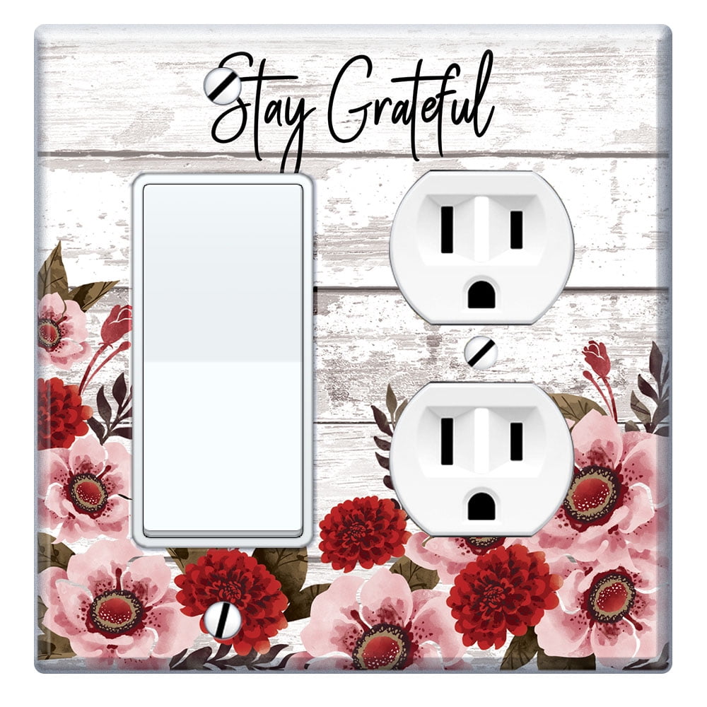 WIRESTER Double 1-Gang Decorator Light & 1-Gang Duplex Outlet Wall Plate/Switch Plate Cover, Red Flower - Stay Gratefuf
