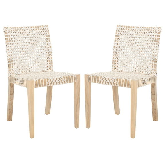 SAFAVIEH Tyria Leather Dining Chair, White/Natural (Teak), Set of 2