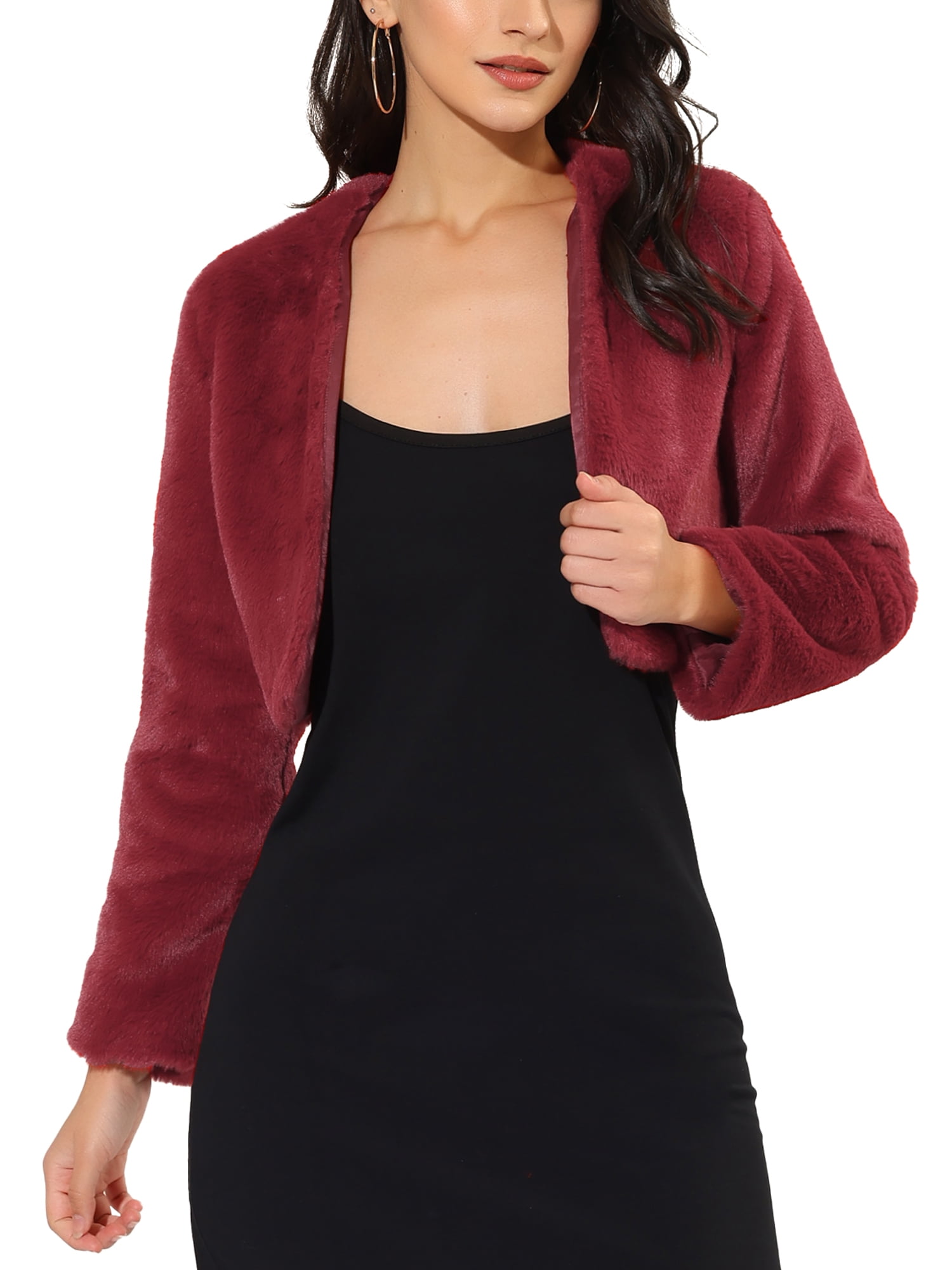 DARING DIVA Women's Cropped Open Front Faux Fur Short Shrug Jacket L Wine Red