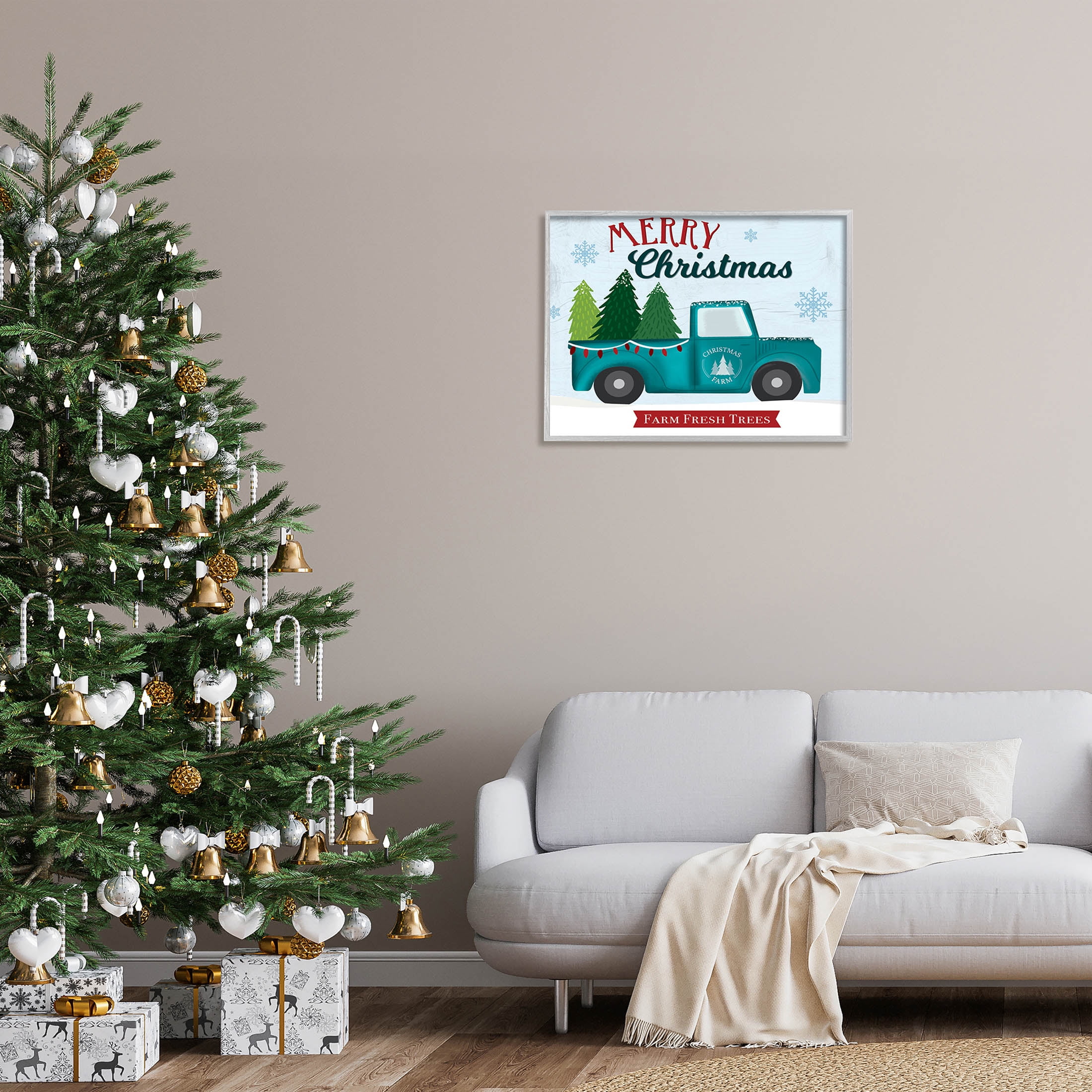 Merry Christmas Farm Fresh Trees Sign Holiday Graphic Art Gray Framed Art Print Wall Art