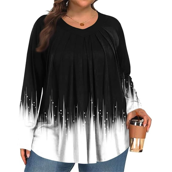 MLQIDK Women Plus Size Tops 4x-5x Fall V Neck T Shirts Floral Print T-Shirt Long Sleeve Shirts Boho Tops Loose Casual Fall Clothes Black 4XL