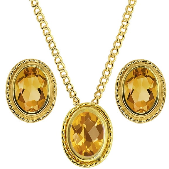 Gem Stone King 2.23 Ct Oval Checkerboard Yellow Citrine 18K Yellow Gold Plated Silver Pendant and Earrings Jewelry Set