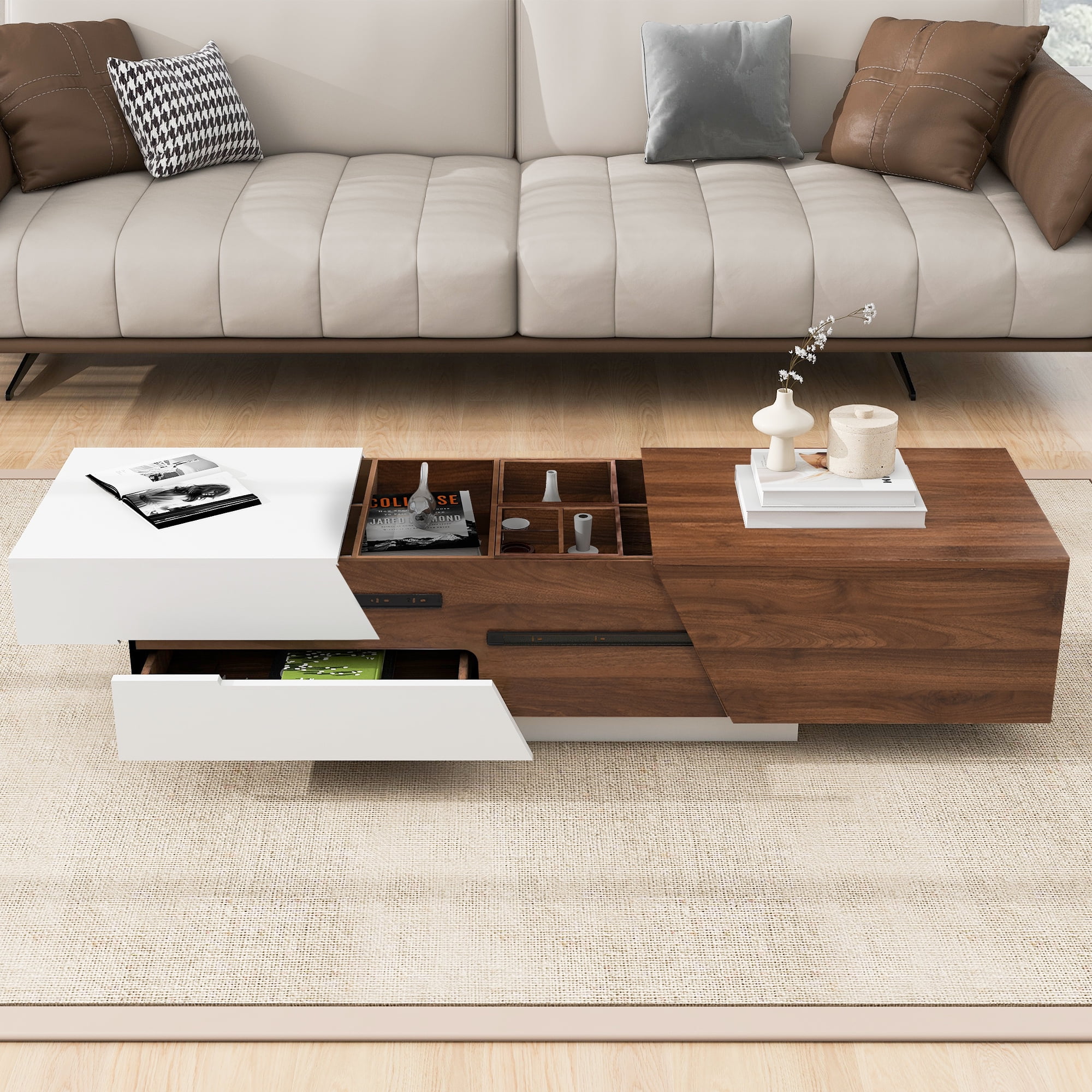 Euroco Modern Coffee Table with Extendable Sliding Top, Hidden Storage, Dual-Tone White and Walnut Finish, MDF Construction for Living Room