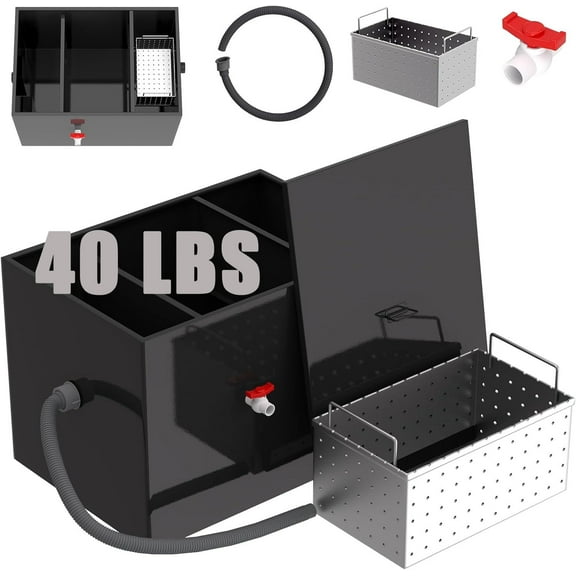 Grease Traps for Restaurants Under Sink,  Three-Compartment Design Grease Interceptor, 27.5×19.3×19.3in Under Sink Grease Trap,  20.32 GPM Waste Water Oil-water Separator, Black