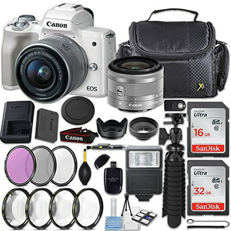 Canon EOS M50 24.1MP Mirrorless Digital Camera (White) + EF-M 15-45mm f/3.5-6.3 IS STM Lens (Silver) + 48GB Memory + Filters & Macros + Spider Tripod + Slave Flash + Professional Accessory (Best Low Priced Mirrorless Camera)