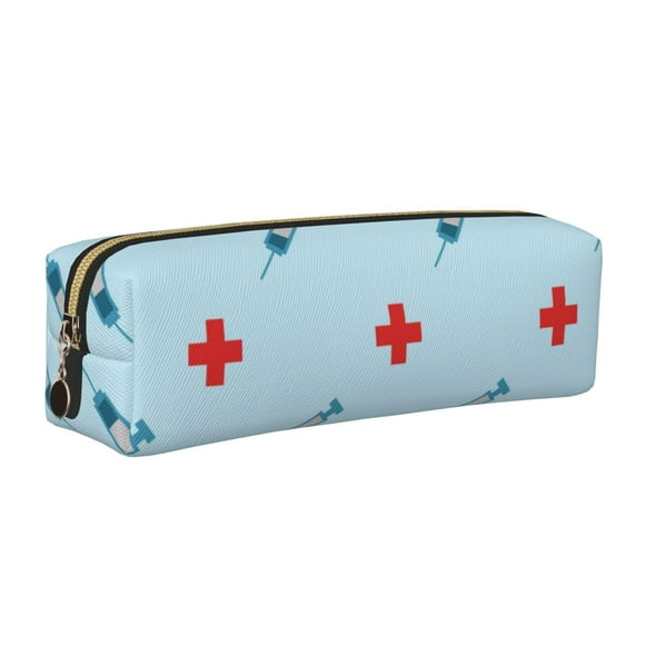 Fotbe Syringe And Red Cross Estuche para Lápices de Cuero con Estampado, Estuche con Cremallera Resistente, Organizador Compacto y Elegante para Papelería