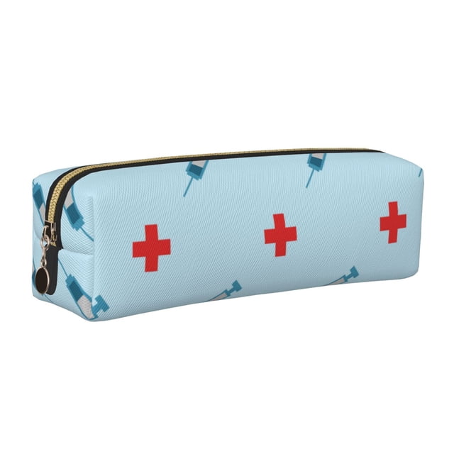 Fotbe Syringe And Red Cross Estuche para Lápices de Cuero con Estampado, Estuche con Cremallera Resistente, Organizador Compacto y Elegante para Papelería