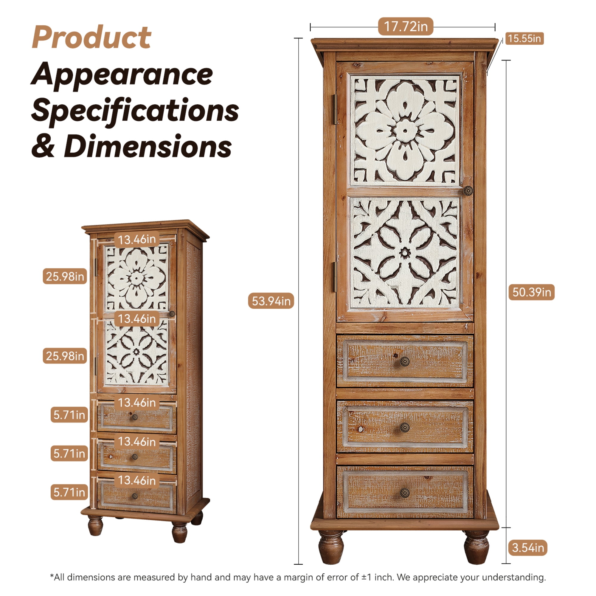 Leumius Rustic Wooden Storage Cabinet with Decorative Cutout Door & 3 Drawers, Tall Narrow Organizer for Living Room, Bedroom