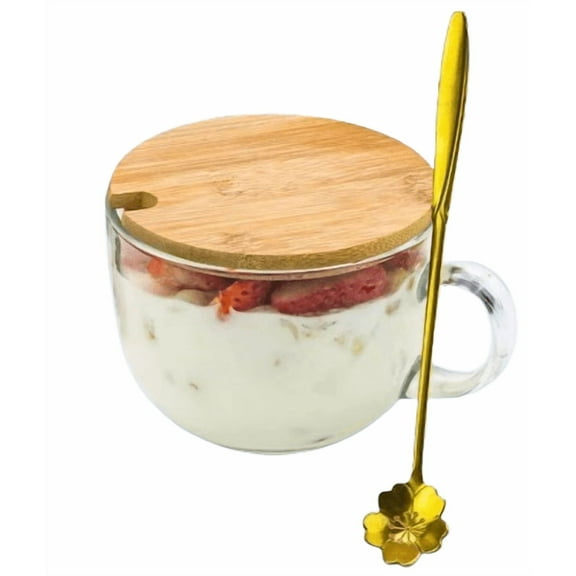 Glass Floral Mug Set with Wooden Lid, Gold Spoon