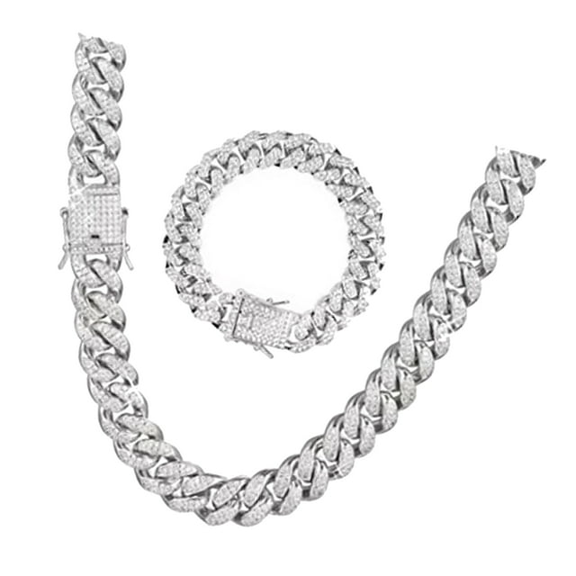 Juego de collar y pulsera Bling Bling 2 uds cadena de eslabones cubanos diamantes de imitación plata 50CM 20CM