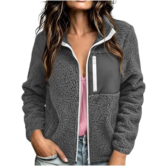 QIYAGBSA Fleece Jacket for Women Zip Up Stand Collar Long Sleeve Sherpa Contrast Pocket Warm Fall Winter Casual Outerwear (Dark Gray, XL)
