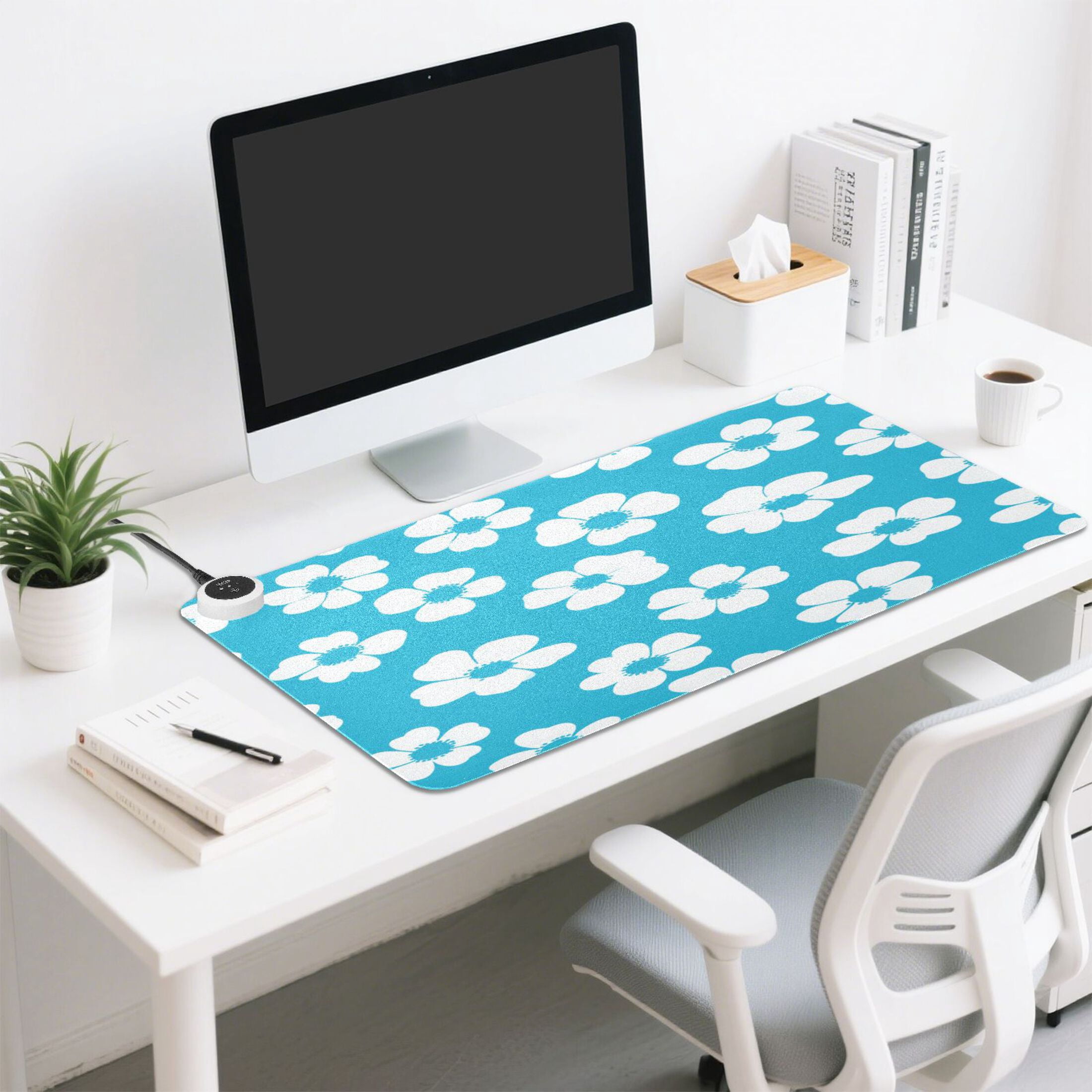 Large Heated Desk Mat Mouse Pad 31.5"x13"PU Leather Graphene Heating Desk Warmer with 3 Temperature Settings 110V US Plug Non-Slip Warm Pad for Home, Office, and Gaming Turquoise White Daisy Floral