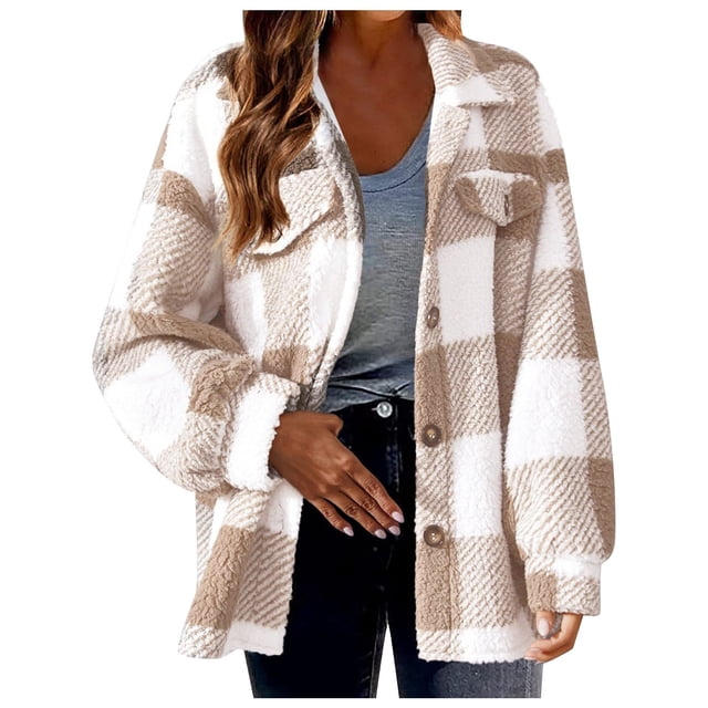 Kcodviy Women's Plus Size Casual Dressy Jacket Color Block Feece Jacket Women's Plus Size Jacket Button Down Loose Blouse Polyester Jackets for Women Warm Coat