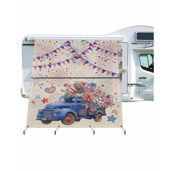 4th of July RV Awning Sun Shade Screen 9'X7' Blue Truck Poppy Flower Mesh Sunscreen Star Flag Firework Awning Shade Screen with Zipper UV Blocker Completed Kits for RV Motorhome Camper