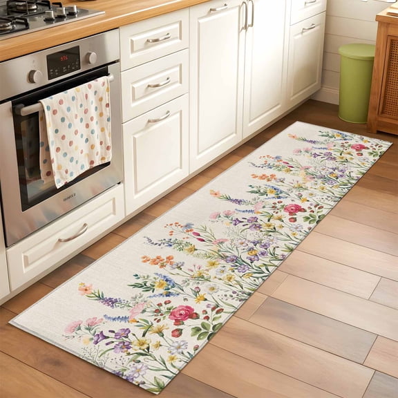Runner Rug 2 x 6 Ft, Watercolor Wildflowers Washable Non-Slip Floor Mat for Kitchen Hallway/Entryway, Farmhouse Botanical Flowers Herbs Long Kitchen Runner Area Rugs for Living Room, Low-Profile