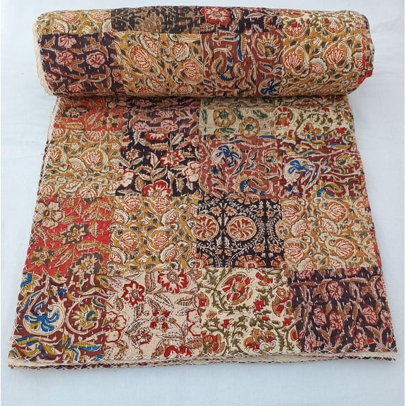 Kantha Quilt Handblock Print floral Kantha Indian Netural Colour Indian inspired Bedding Hand Stitched Rural Quilted bedding bedspread