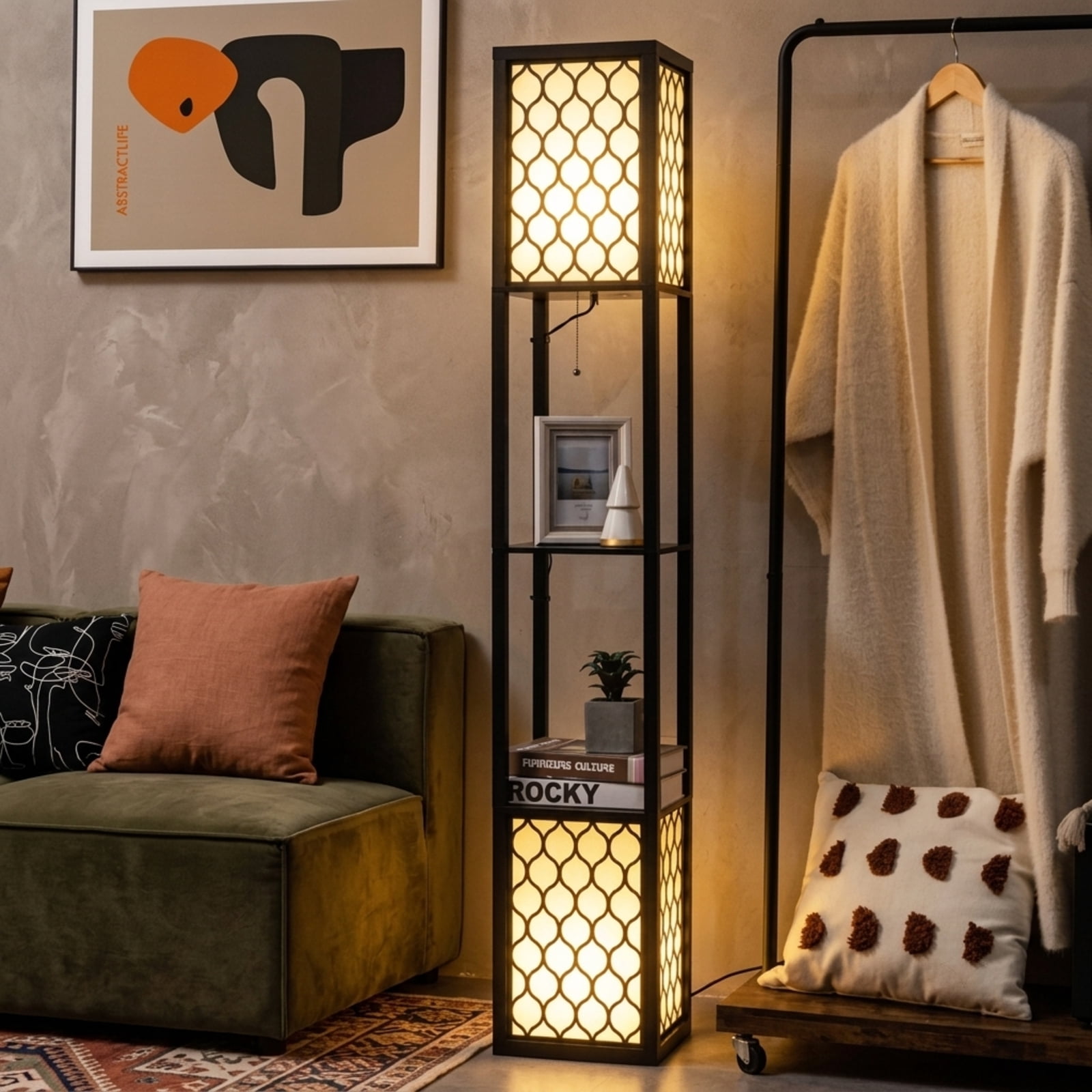 Vebreda Modern Freestanding Shelf Floor Lamp with Double Lamp Pull Chain and Foot Switch for Living Room-Black White | Shelf Standing Lamp