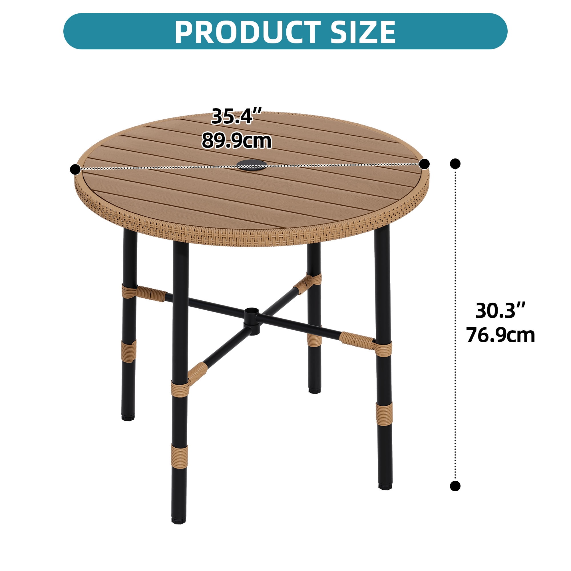 Uforic Round Outdoor Dining Table for 4, 35.4" x 30.3" All-Weather Patio Bistro Table with 2.2" Umbrella Hole, Adjustable Levelers, Metal Frame and Faux Wood Tabletop for Backyard Garden