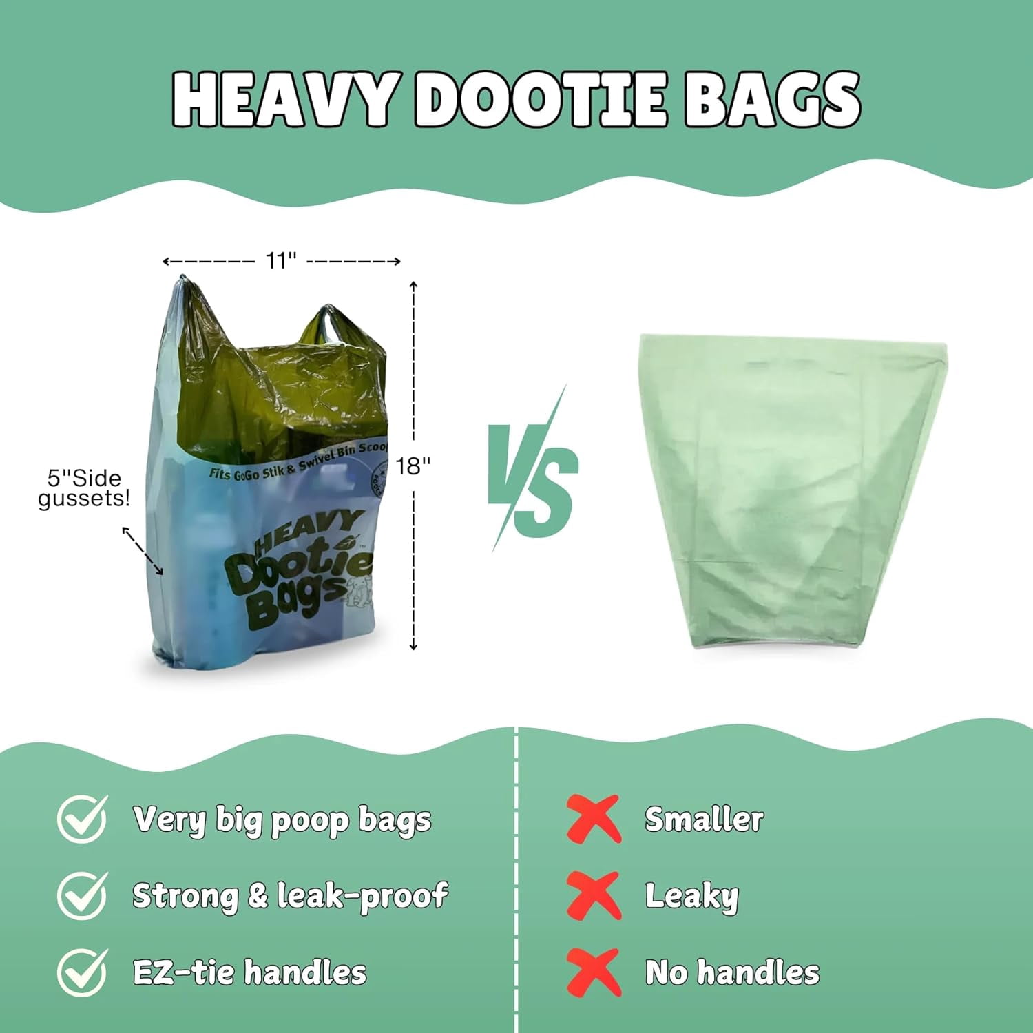 HEAVY Dootie Bags with EZ Tie Handles. Clean and Convenient for Pet Dog Poop, Cat Litter. Multi-Use. Great for Swivel Bin and Scoopers. Made with Cornstarch. Strong, Leakproof and Very Large